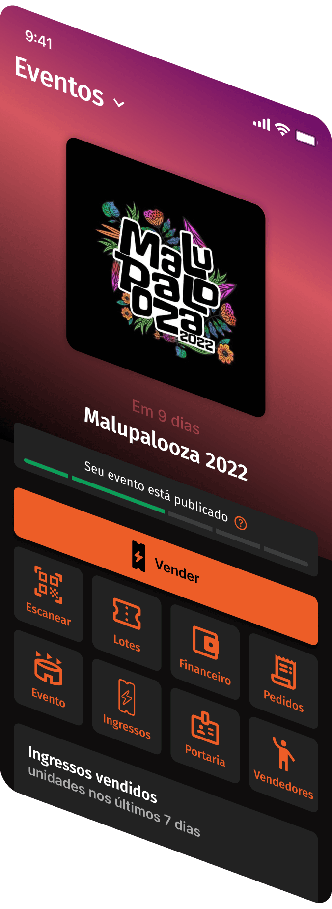 Tela de controle de eventos no app