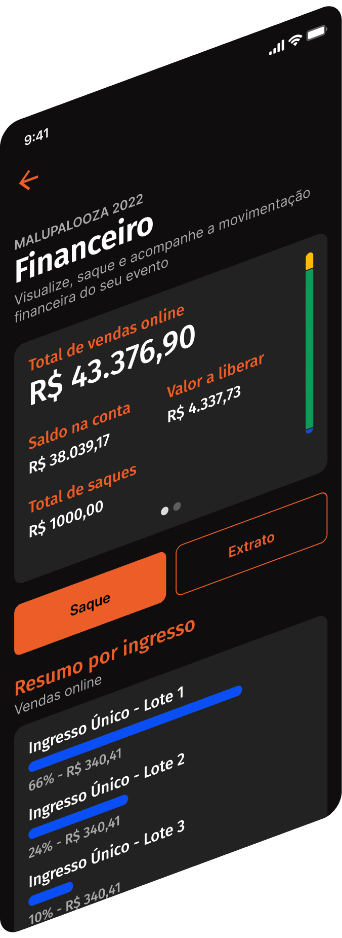 Tela com a área financeiro no app